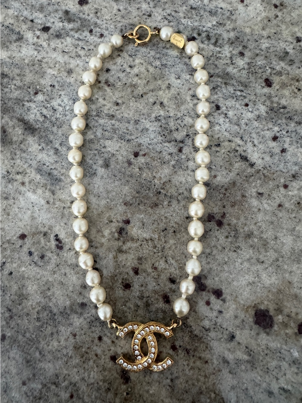 70s Chanel Necklace Pearl Strass Crystal Gold Plated Pendant Collar Collier